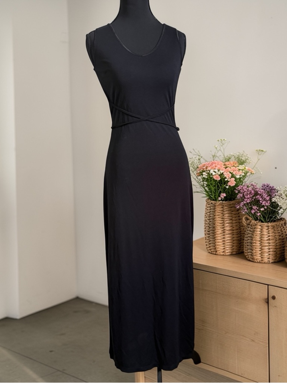 Mary McFadden Collection Black Maxi Dress Wrap Waist Back Tie Sleeveless Size S